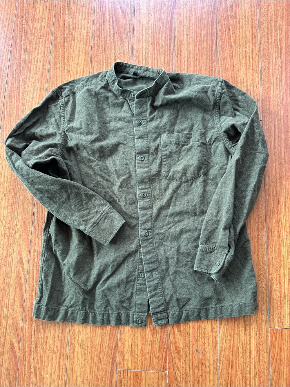 Muji Olive Casual Stand-Collar Button-Down Shirt